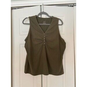 Merona Tank Top Womens Plus 16W/18W Olive Green Sleeveless Henley Ruched